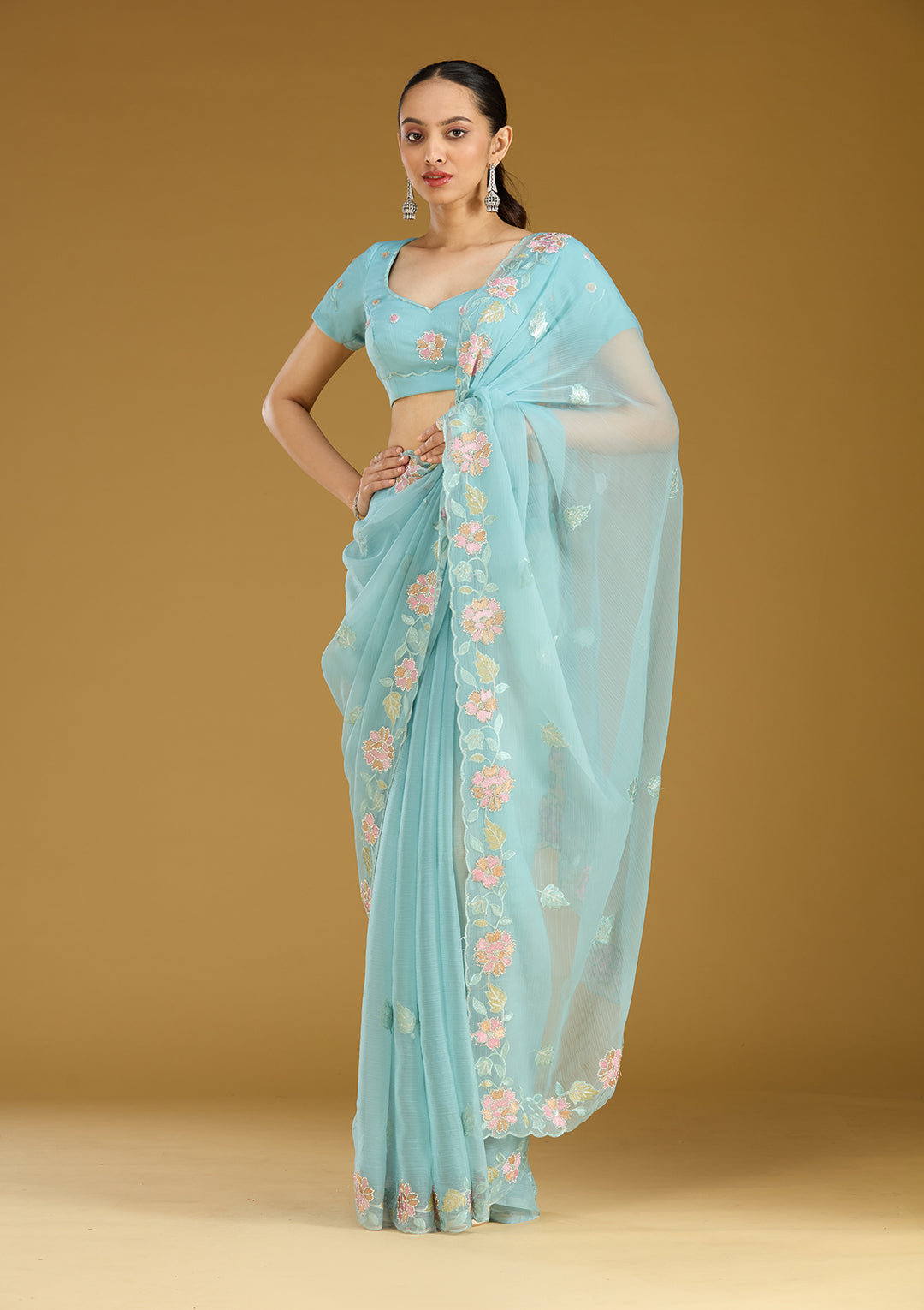 Sky Blue Threadwork Chiffon Saree