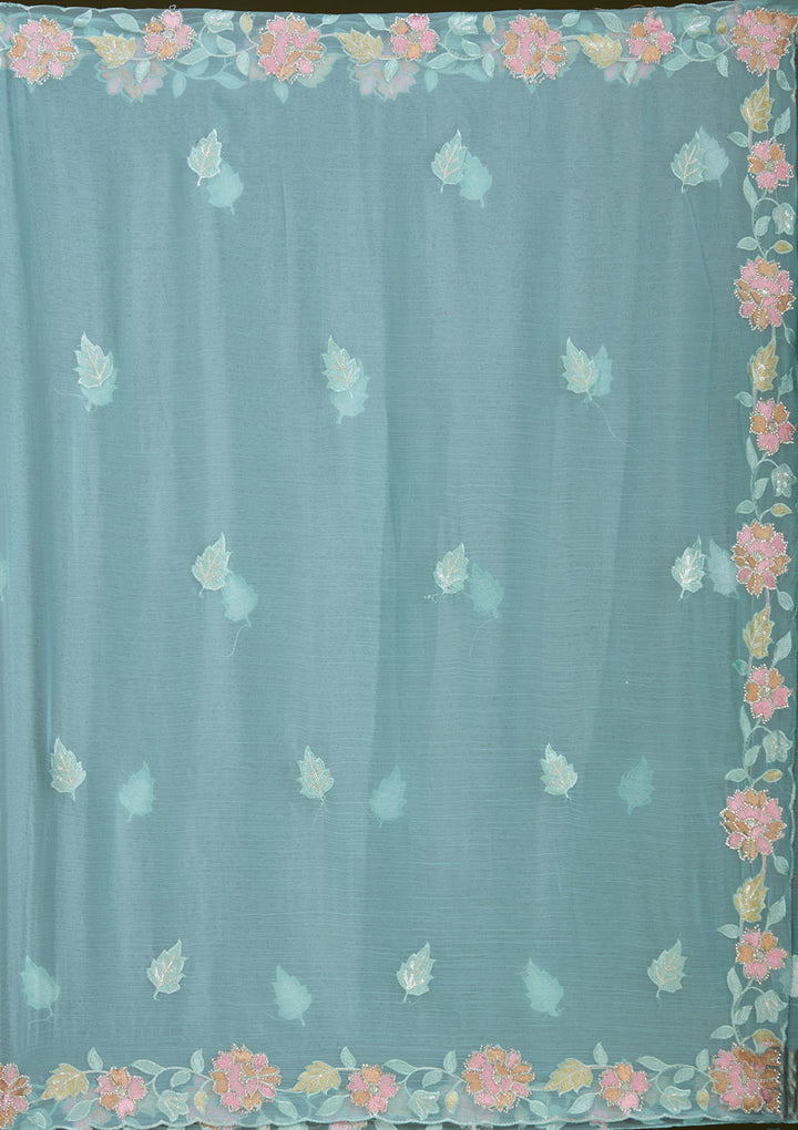 Sky Blue Threadwork Chiffon Saree