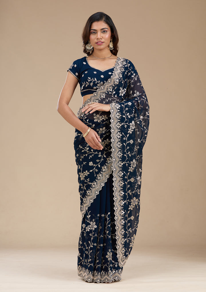 Navy Blue Zariwork (Gold) Georgette Saree