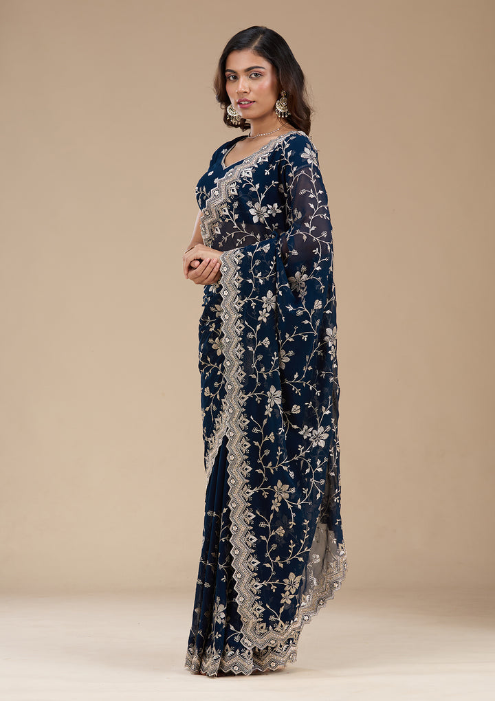 Navy Blue Zariwork (Gold) Georgette Saree