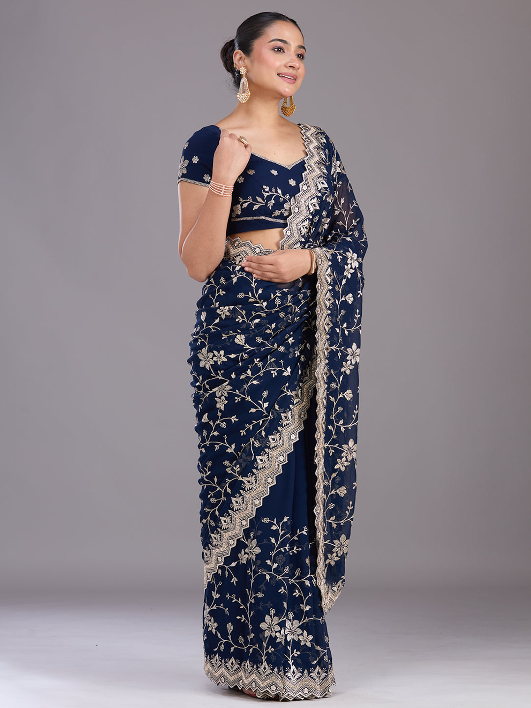 Navy Blue Zariwork (Gold) Georgette Saree