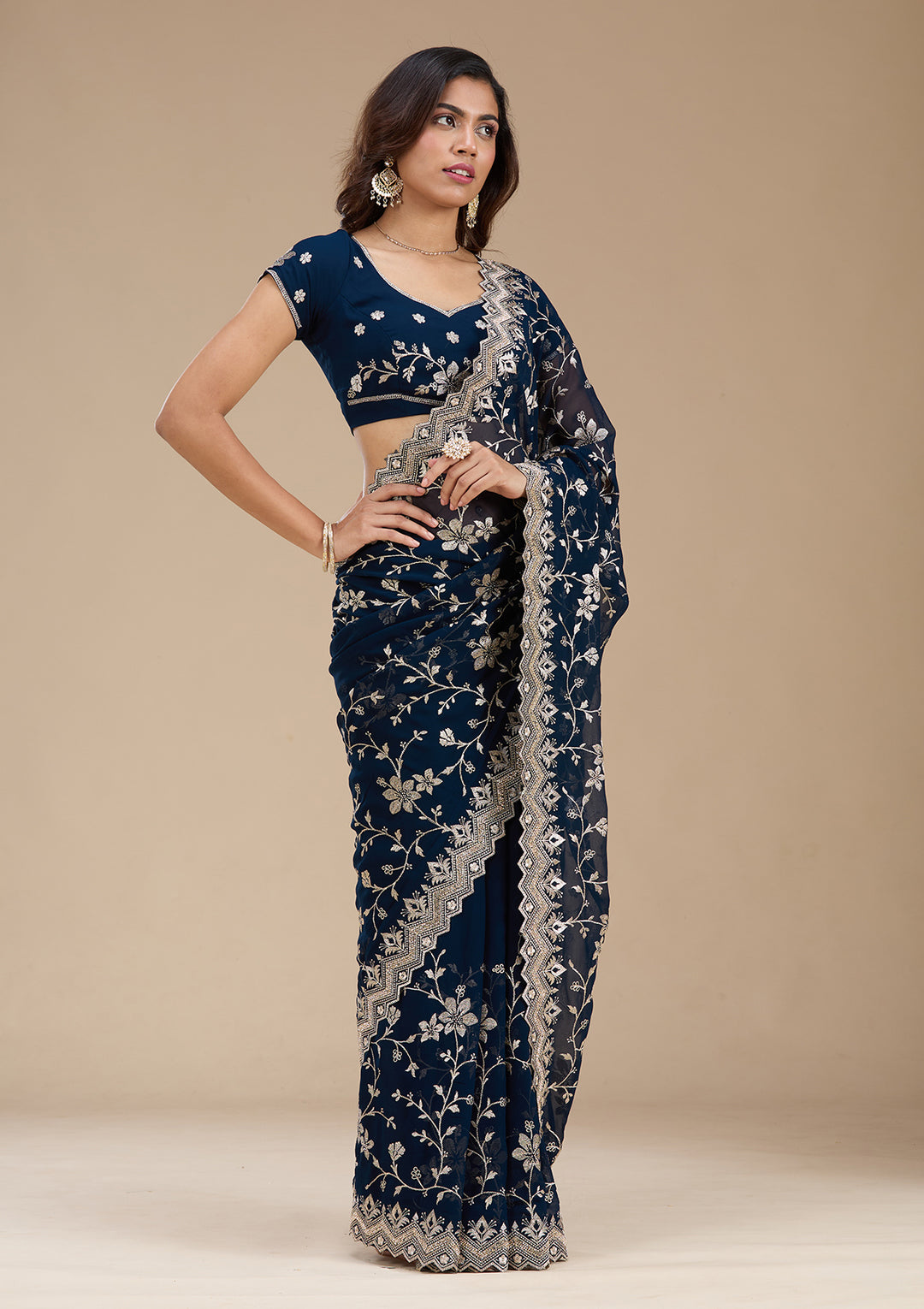 Navy Blue Zariwork (Gold) Georgette Saree