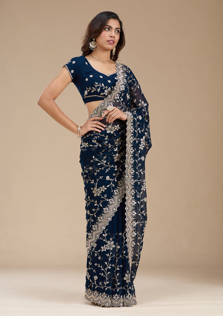 Navy Blue Zariwork (Gold) Georgette Saree