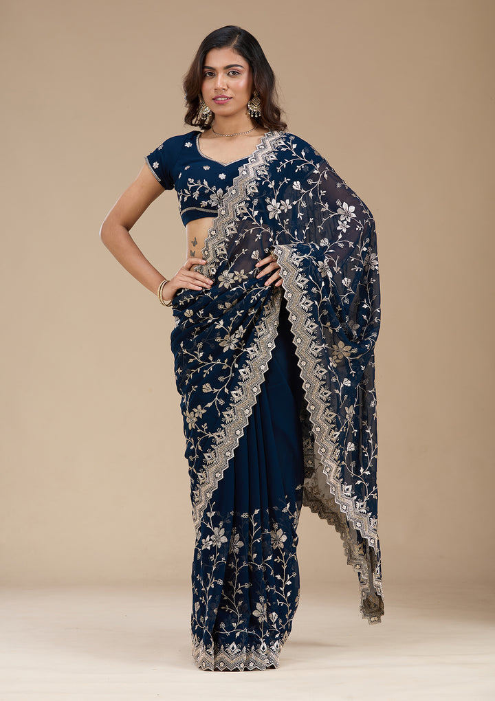 Navy Blue Zariwork (Gold) Georgette Saree
