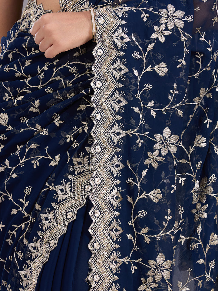 Navy Blue Zariwork (Gold) Georgette Saree