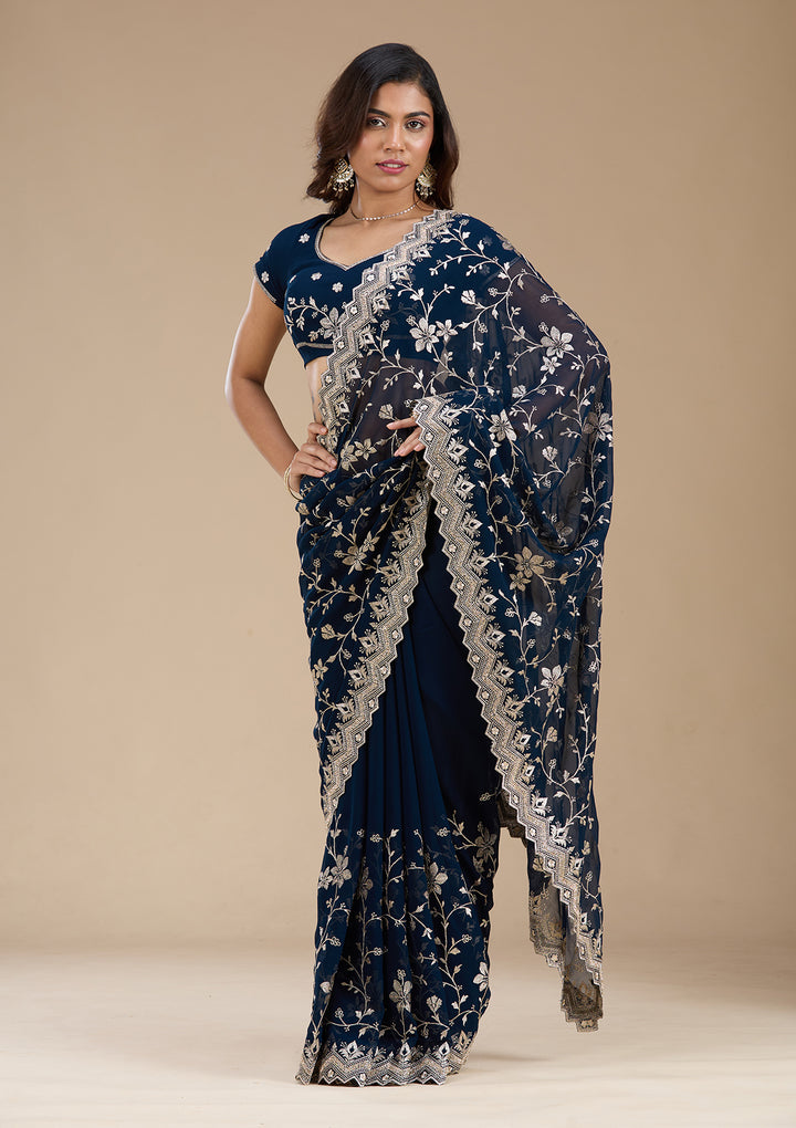 Navy Blue Zariwork (Gold) Georgette Saree