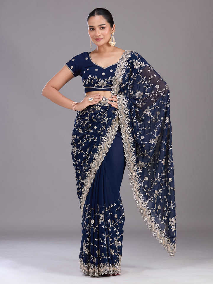 Navy Blue Zariwork (Gold) Georgette Saree