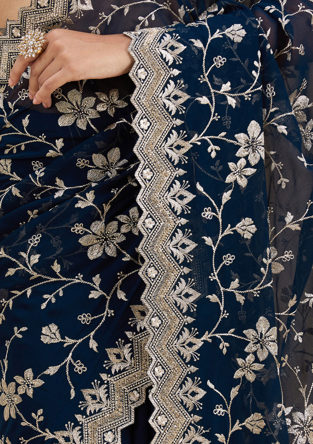 Navy Blue Zariwork (Gold) Georgette Saree