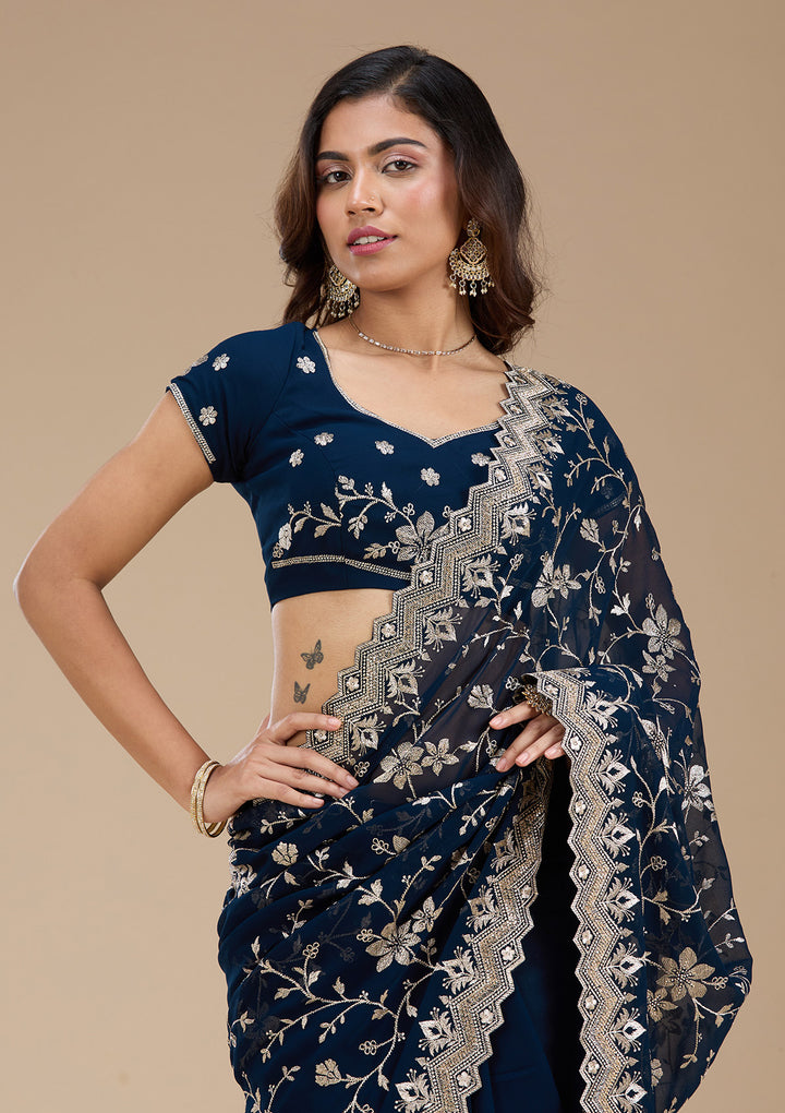 Navy Blue Zariwork (Gold) Georgette Saree