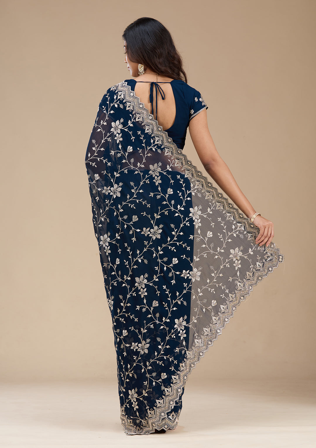 Navy Blue Zariwork (Gold) Georgette Saree