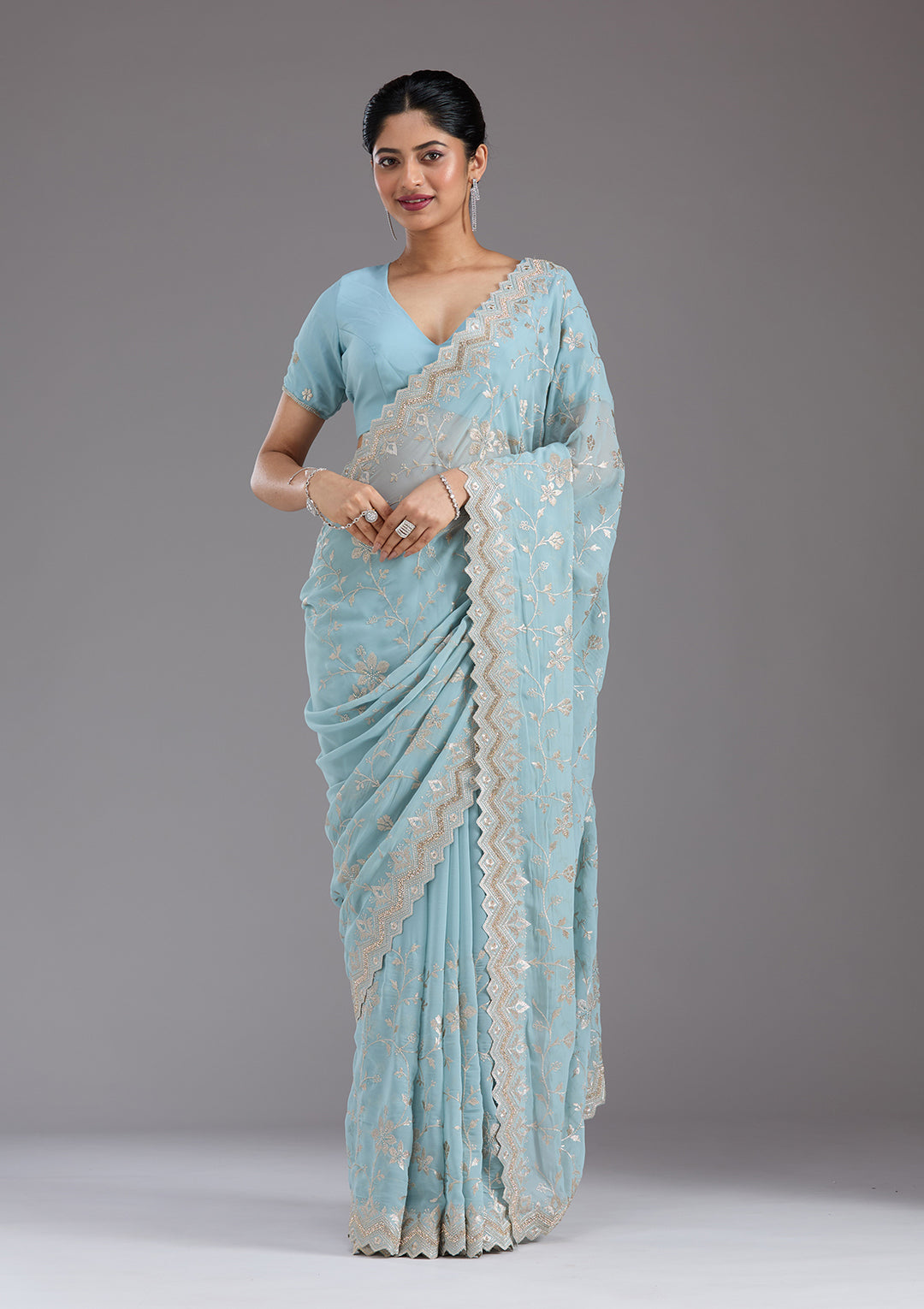 Sky Blue Zariwork (Gold) Georgette Saree