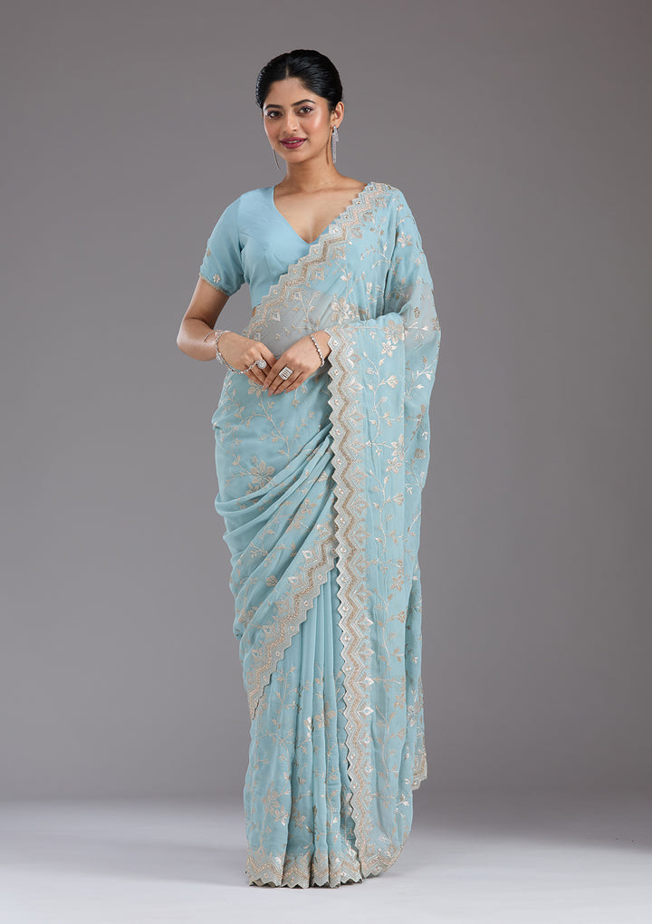 Sky Blue Zariwork (Gold) Georgette Saree