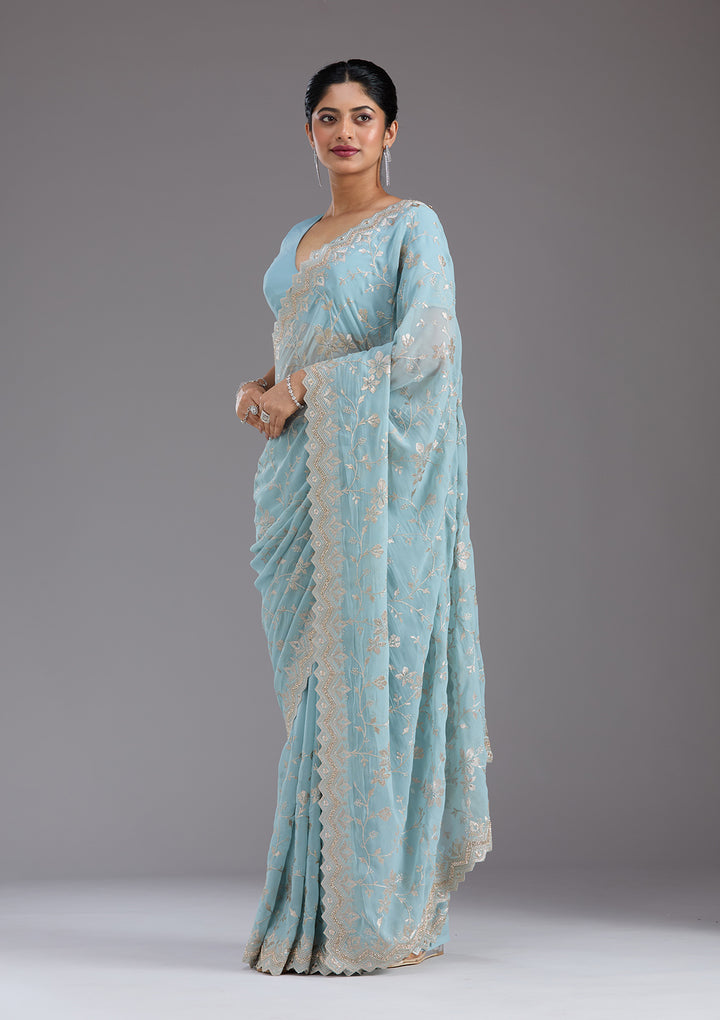 Sky Blue Zariwork (Gold) Georgette Saree