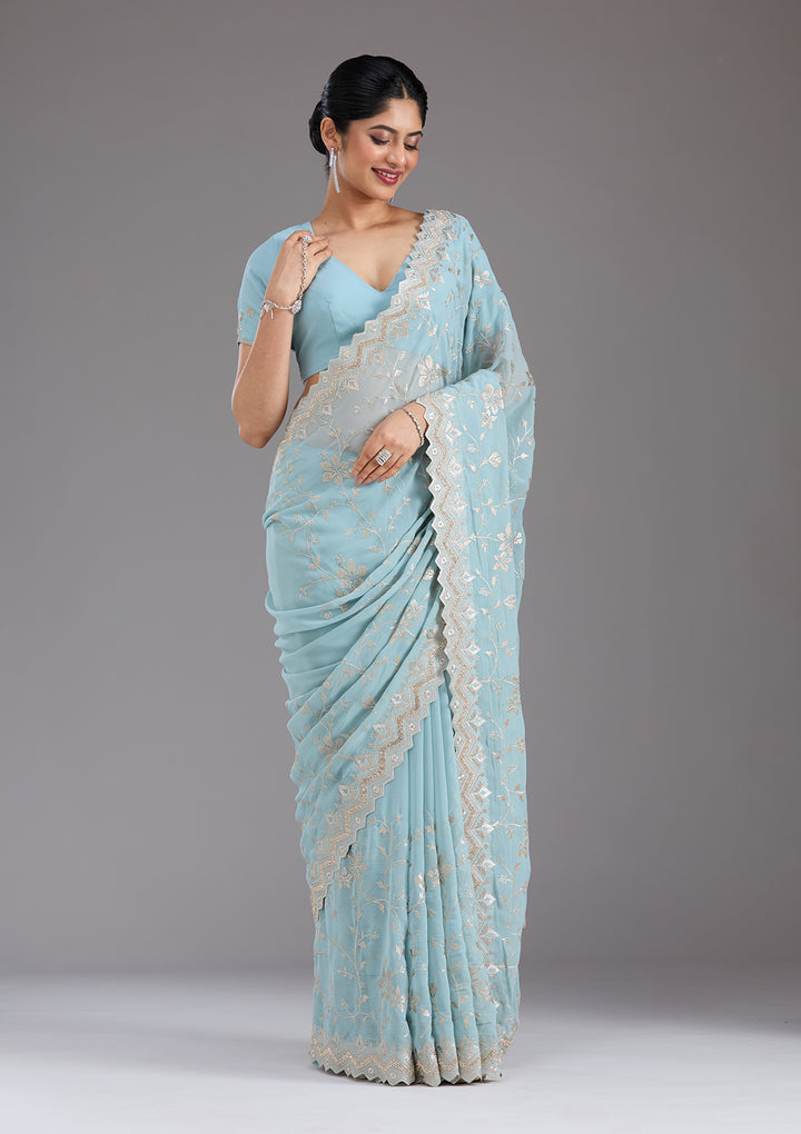 Sky Blue Zariwork (Gold) Georgette Saree