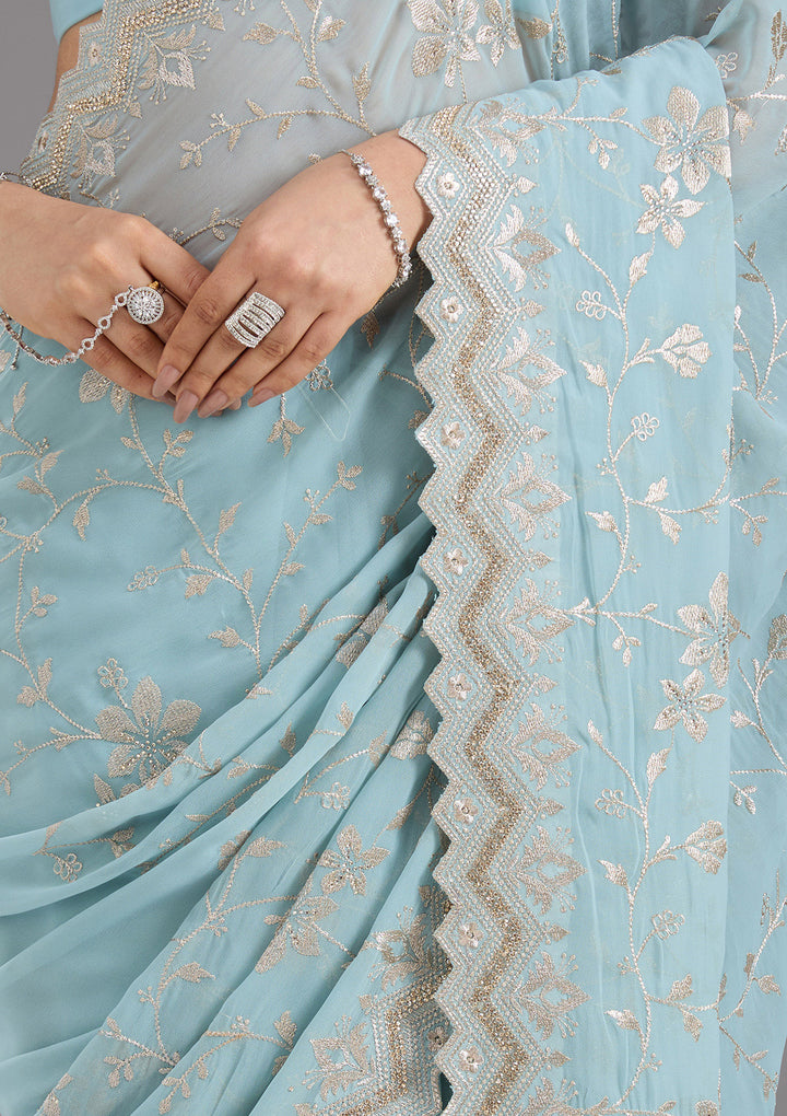 Sky Blue Zariwork (Gold) Georgette Saree