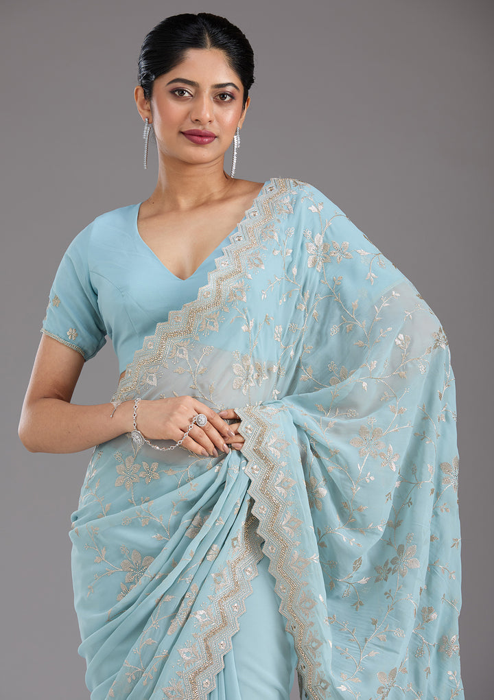 Sky Blue Zariwork (Gold) Georgette Saree