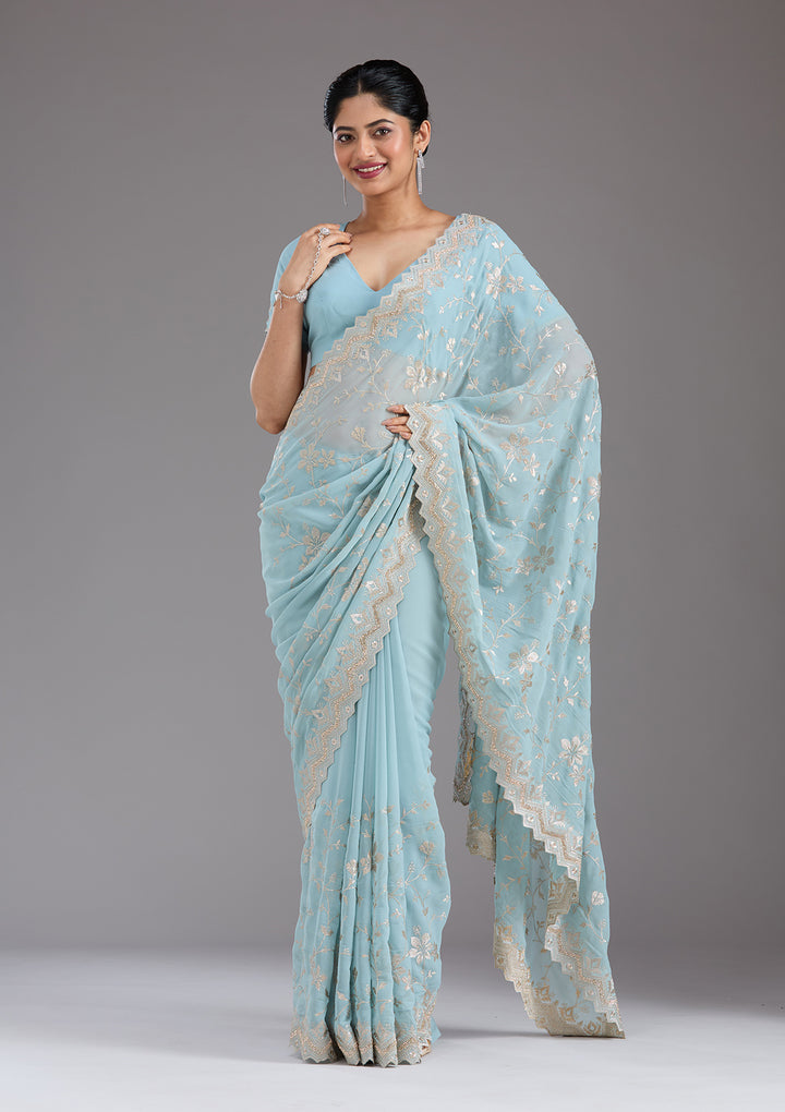 Sky Blue Zariwork (Gold) Georgette Saree