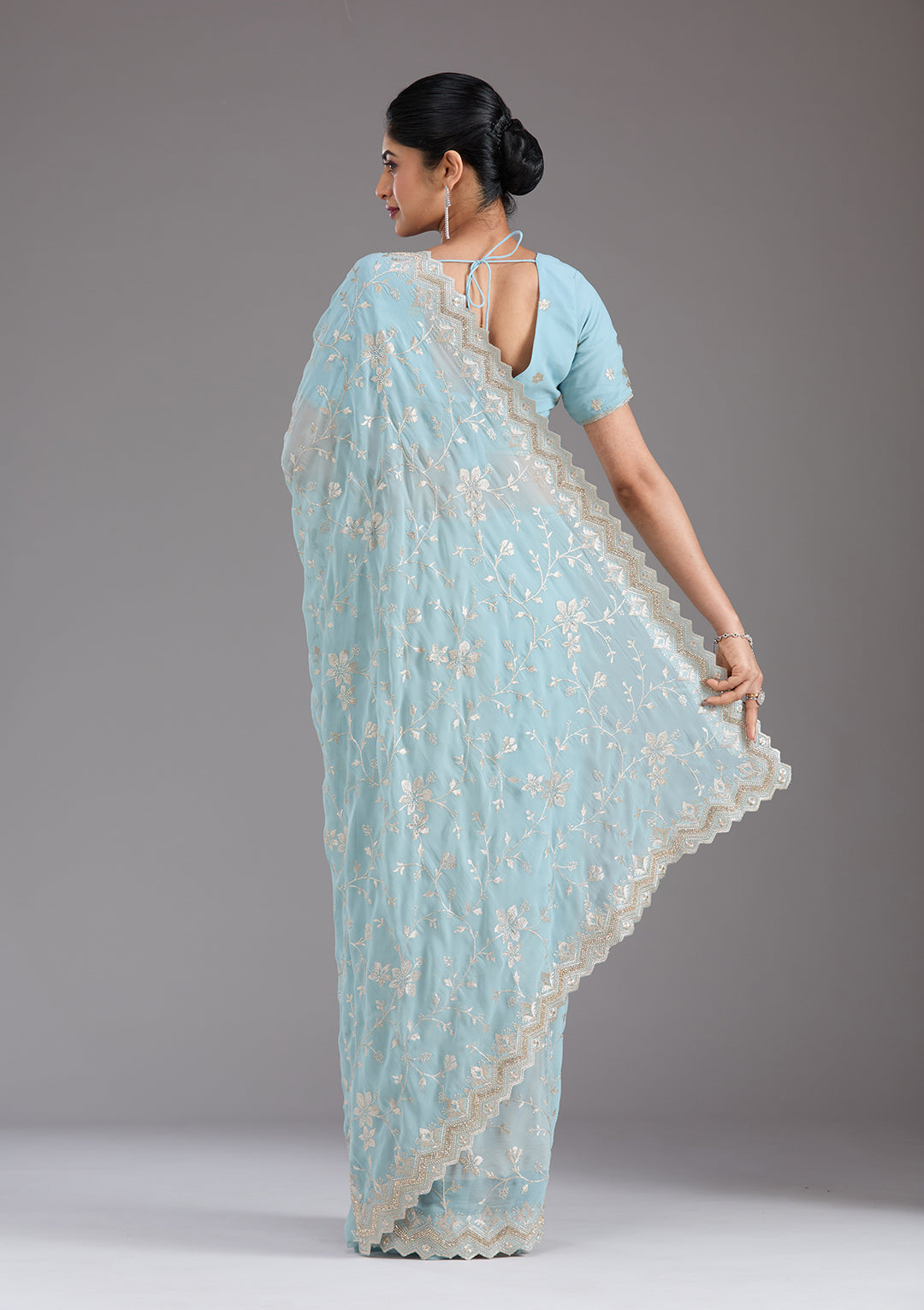 Sky Blue Zariwork (Gold) Georgette Saree