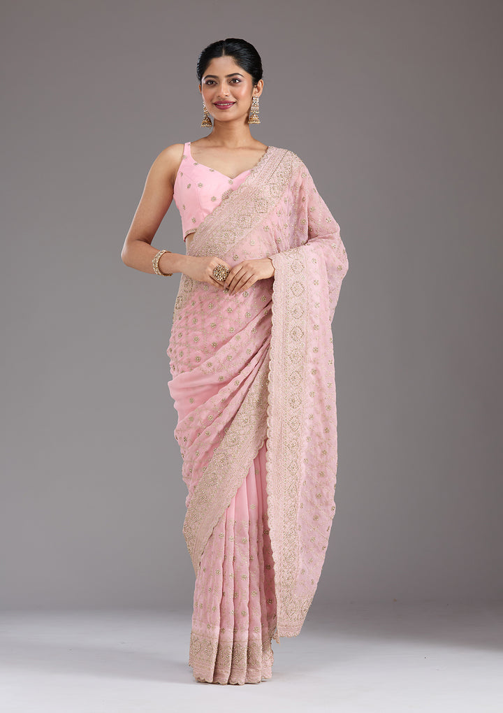 Baby Pink Zariwork (Gold) Georgette Saree