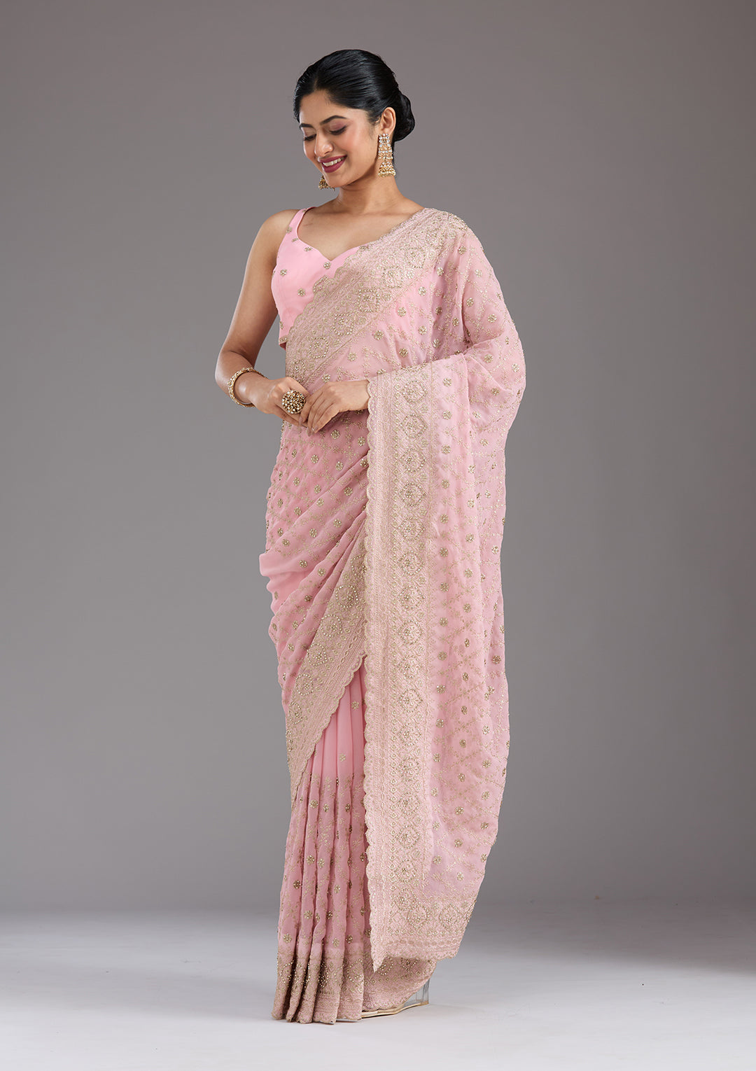 Baby Pink Zariwork (Gold) Georgette Saree