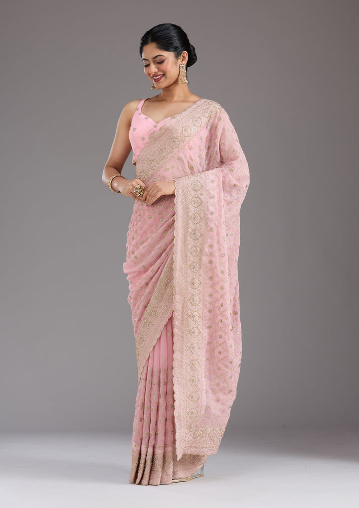 Baby Pink Zariwork (Gold) Georgette Saree