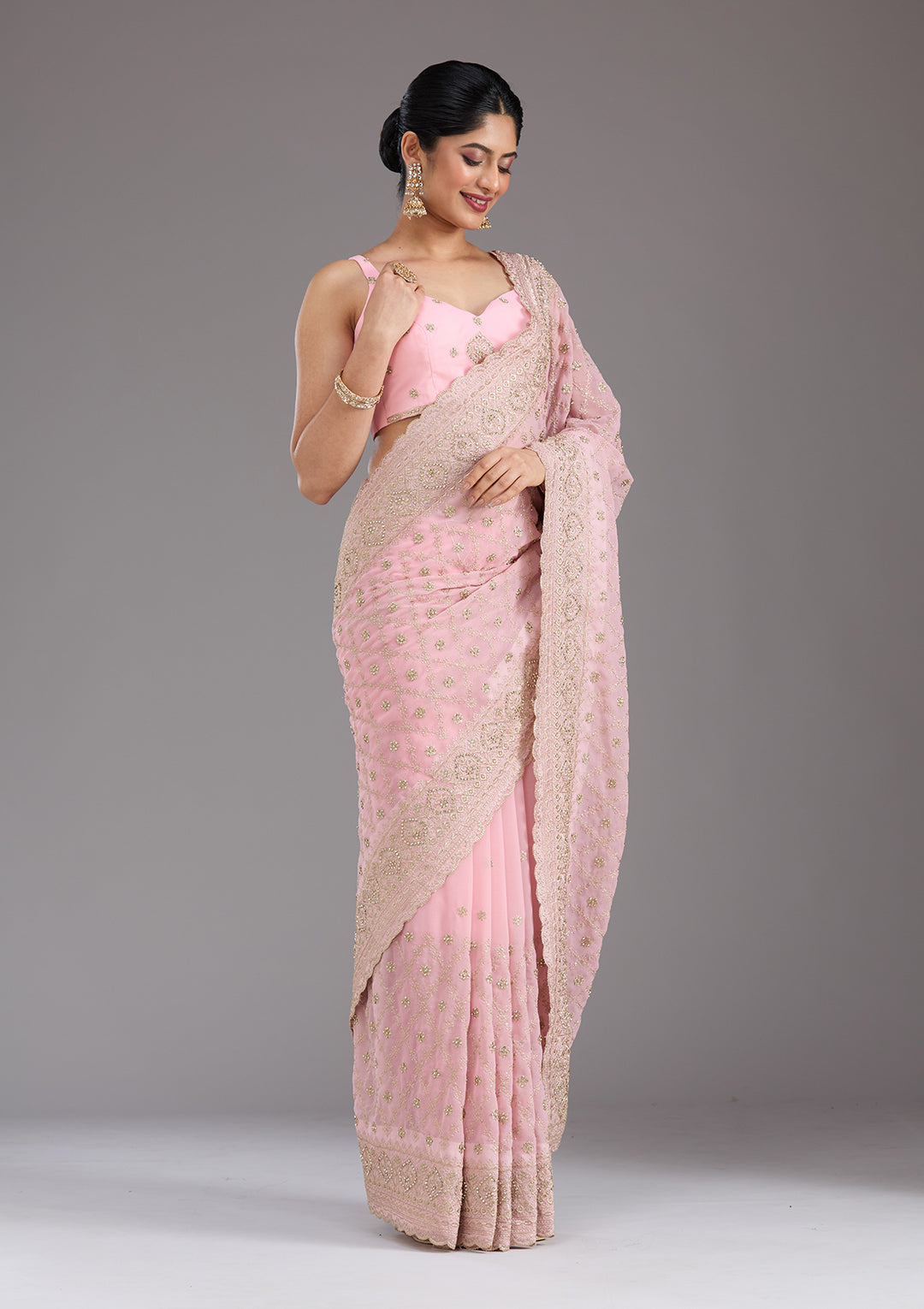 Baby Pink Zariwork (Gold) Georgette Saree