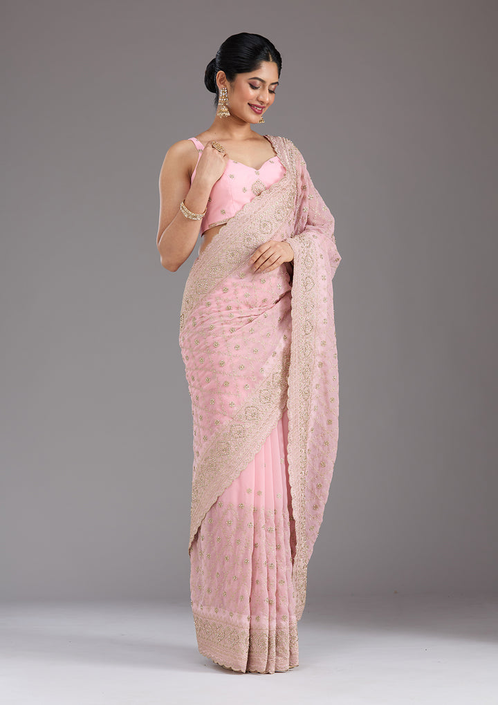 Baby Pink Zariwork (Gold) Georgette Saree