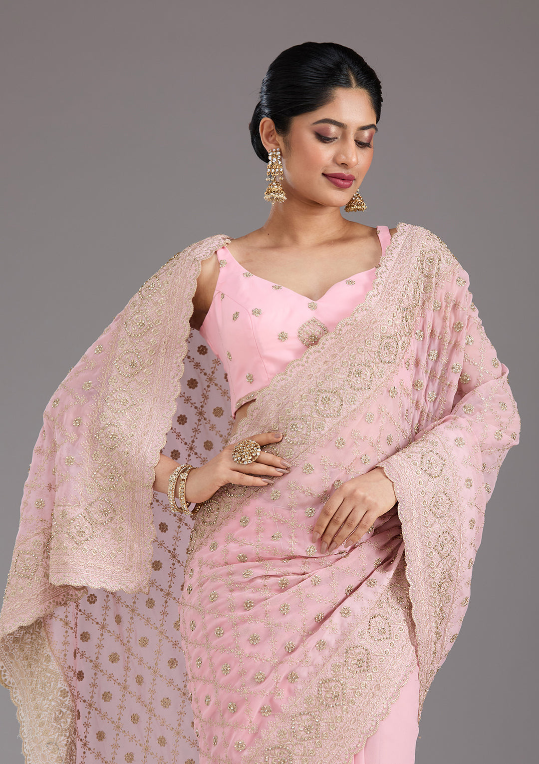 Baby Pink Zariwork (Gold) Georgette Saree