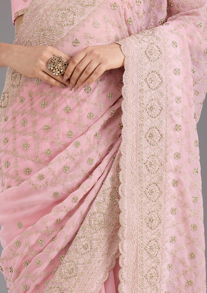 Baby Pink Zariwork (Gold) Georgette Saree