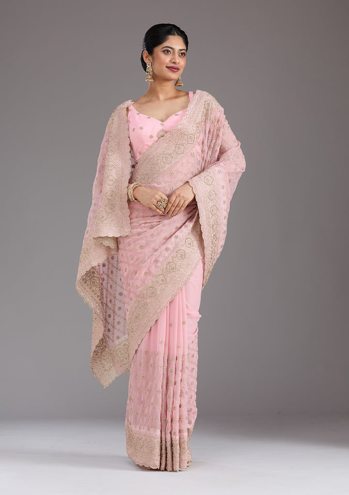 Baby Pink Zariwork (Gold) Georgette Saree