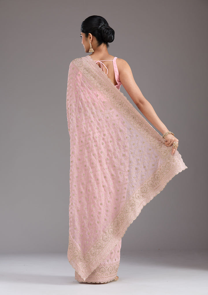 Baby Pink Zariwork (Gold) Georgette Saree