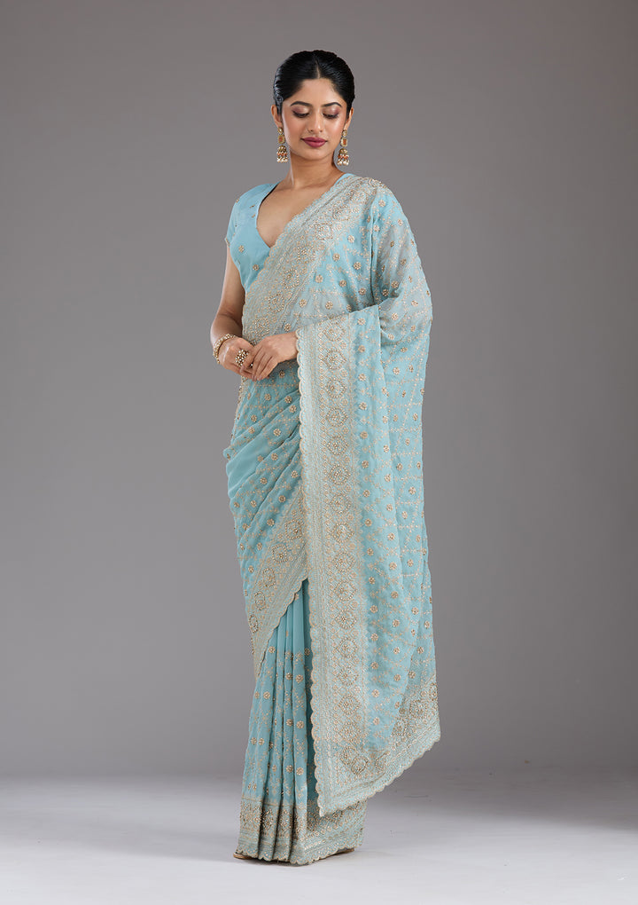 Sky Blue Zariwork (Gold) Georgette Saree
