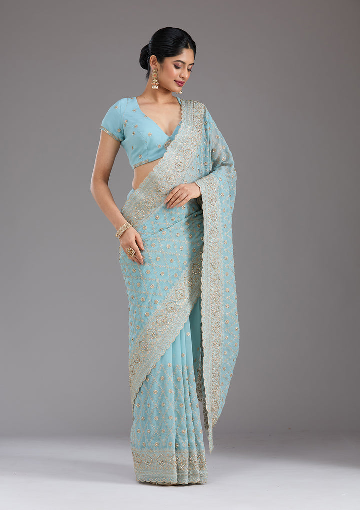 Sky Blue Zariwork (Gold) Georgette Saree
