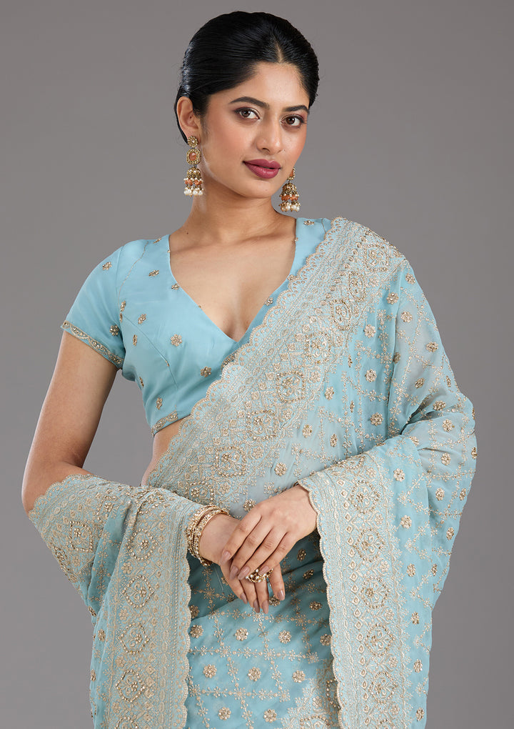 Sky Blue Zariwork (Gold) Georgette Saree