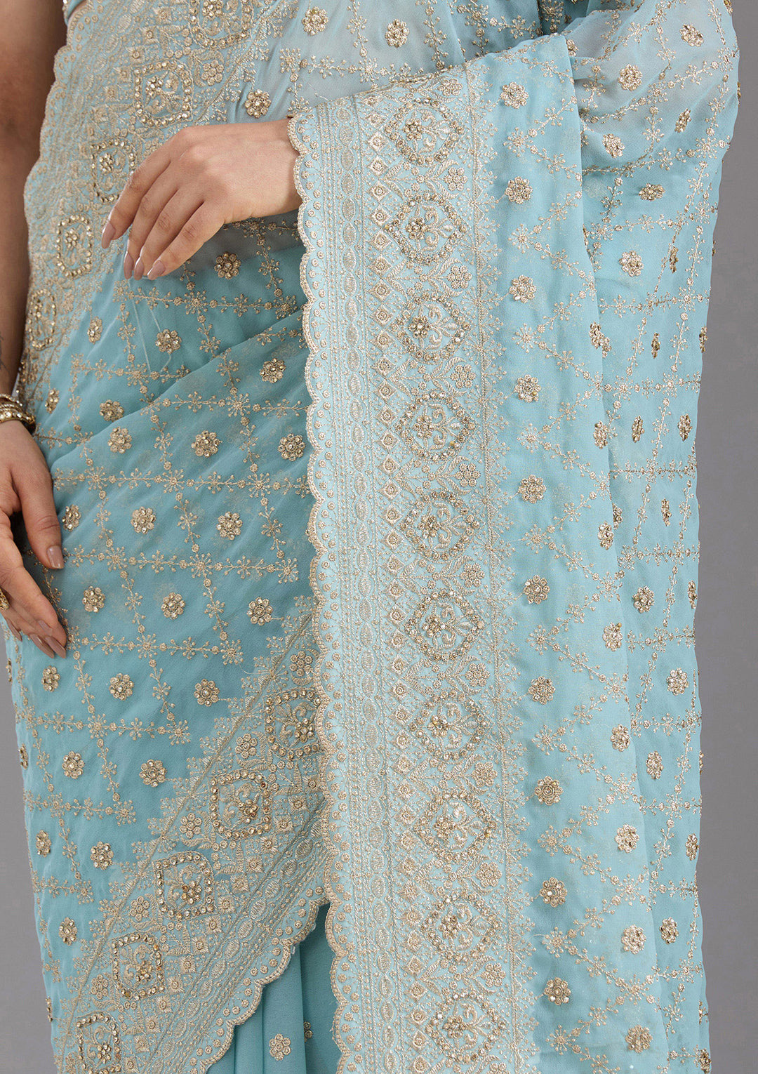 Sky Blue Zariwork (Gold) Georgette Saree