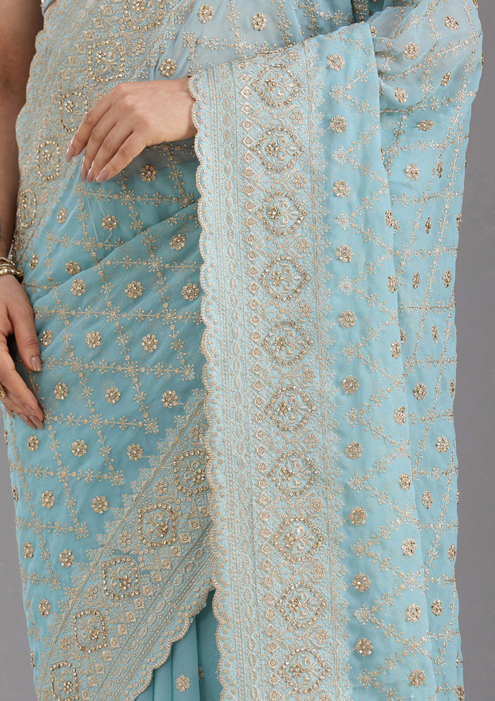 Sky Blue Zariwork (Gold) Georgette Saree