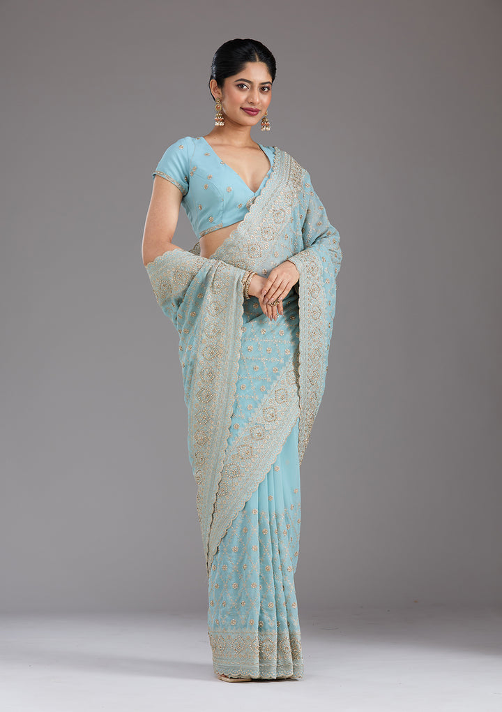 Sky Blue Zariwork (Gold) Georgette Saree