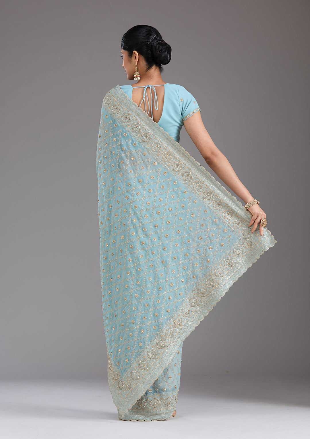 Sky Blue Zariwork (Gold) Georgette Saree