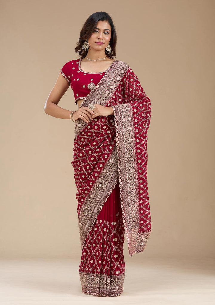 Maroon Zariwork (Gold) Georgette Saree