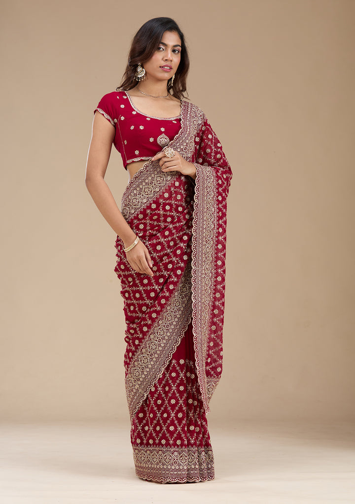 Maroon Zariwork (Gold) Georgette Saree
