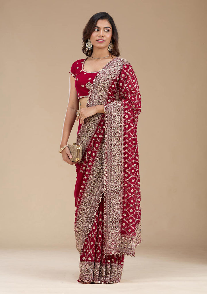 Maroon Zariwork (Gold) Georgette Saree