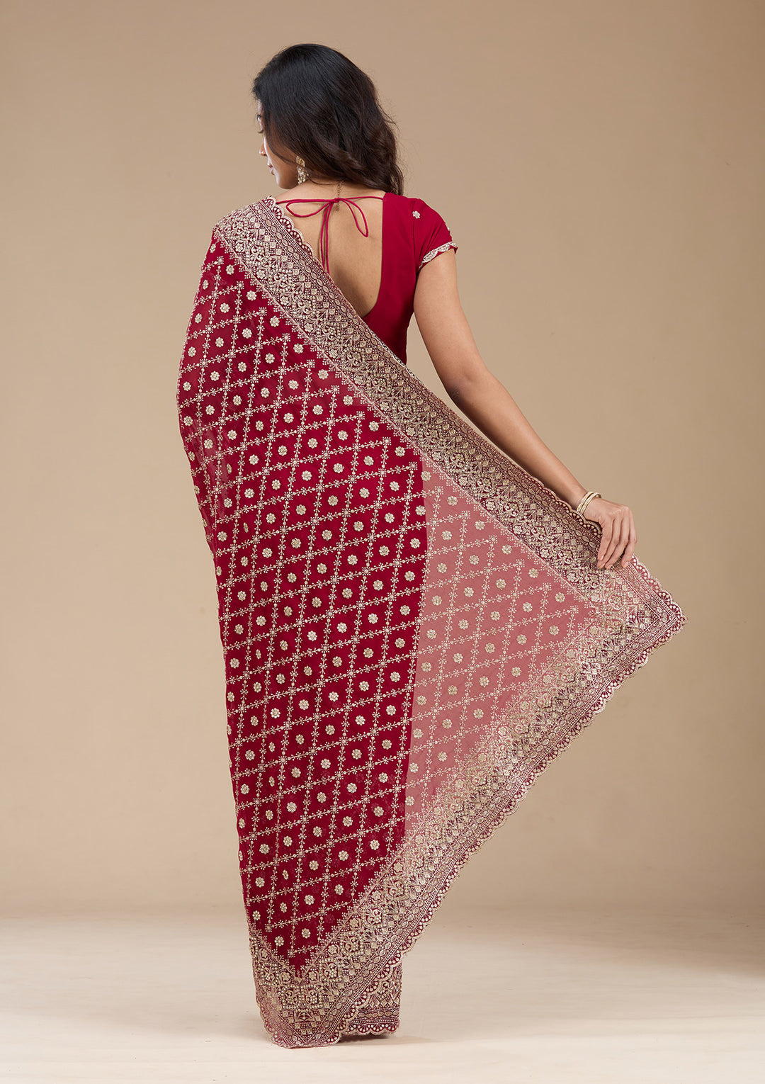 Maroon Zariwork (Gold) Georgette Saree