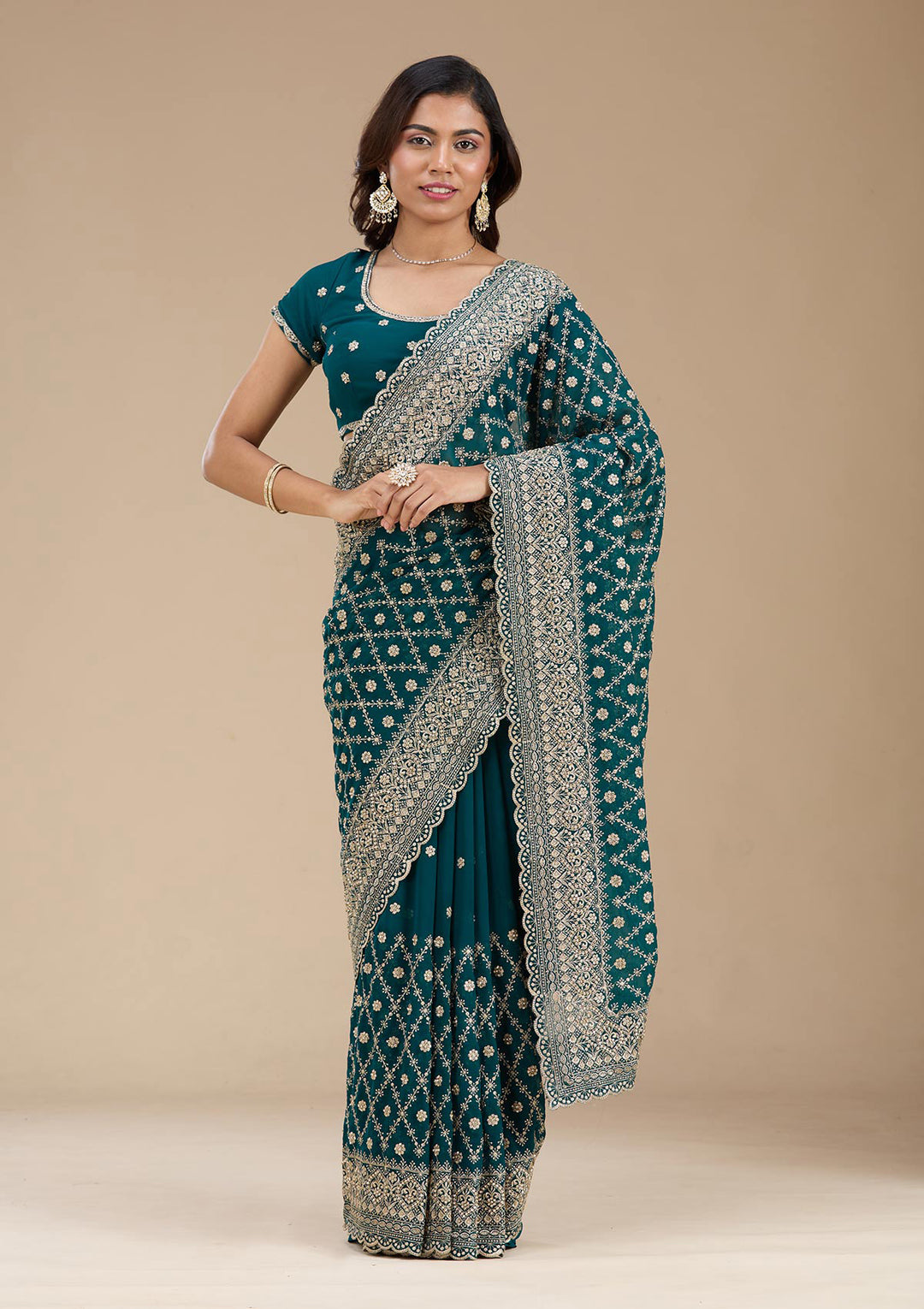 Rama Green Zariwork (Gold) Georgette Saree