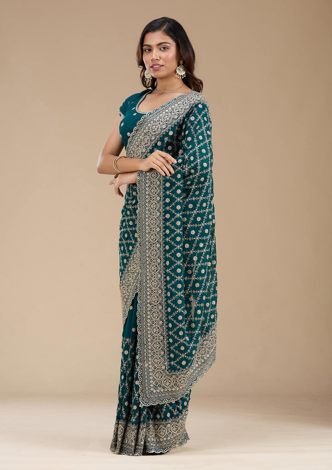 Rama Green Zariwork (Gold) Georgette Saree