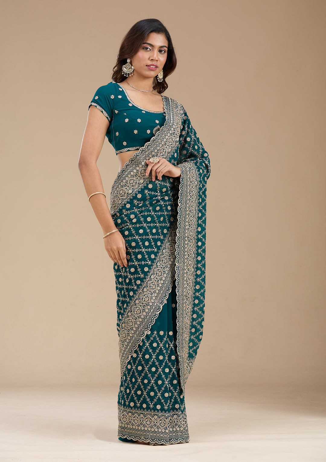 Rama Green Zariwork (Gold) Georgette Saree