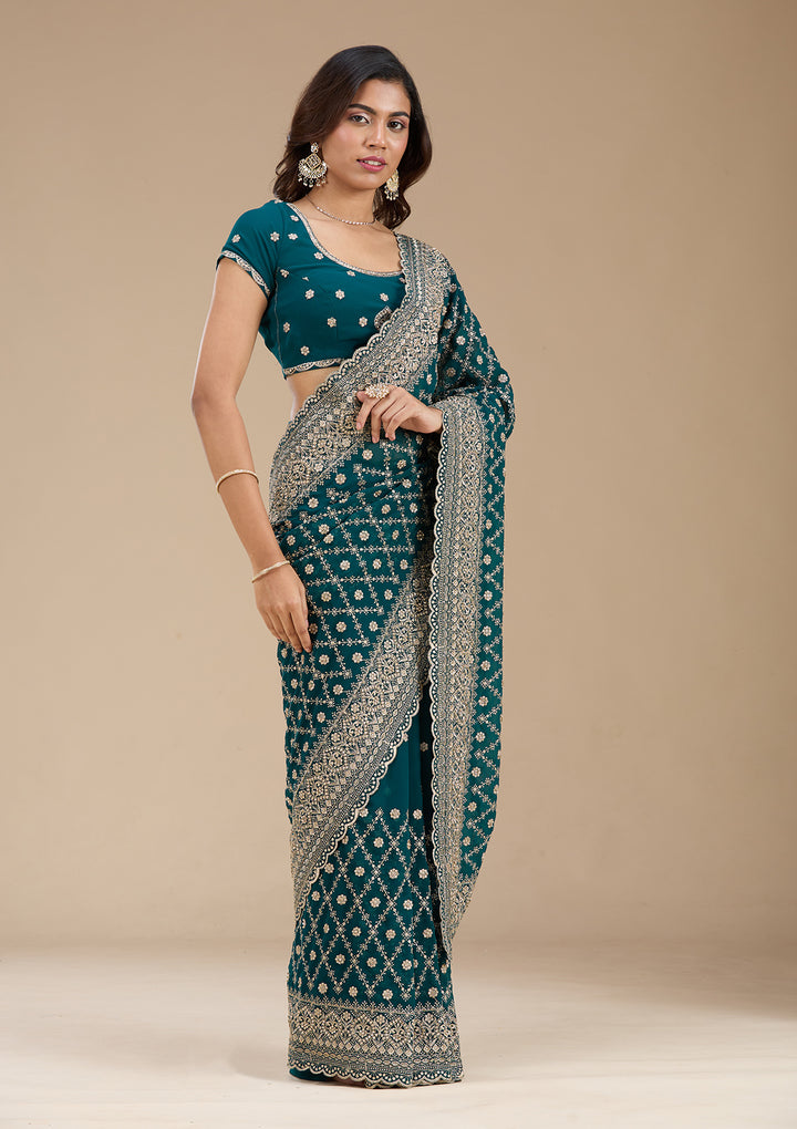 Rama Green Zariwork (Gold) Georgette Saree