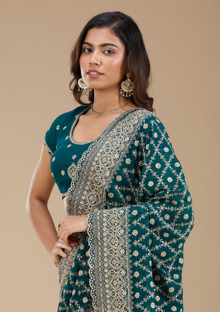 Rama Green Zariwork (Gold) Georgette Saree