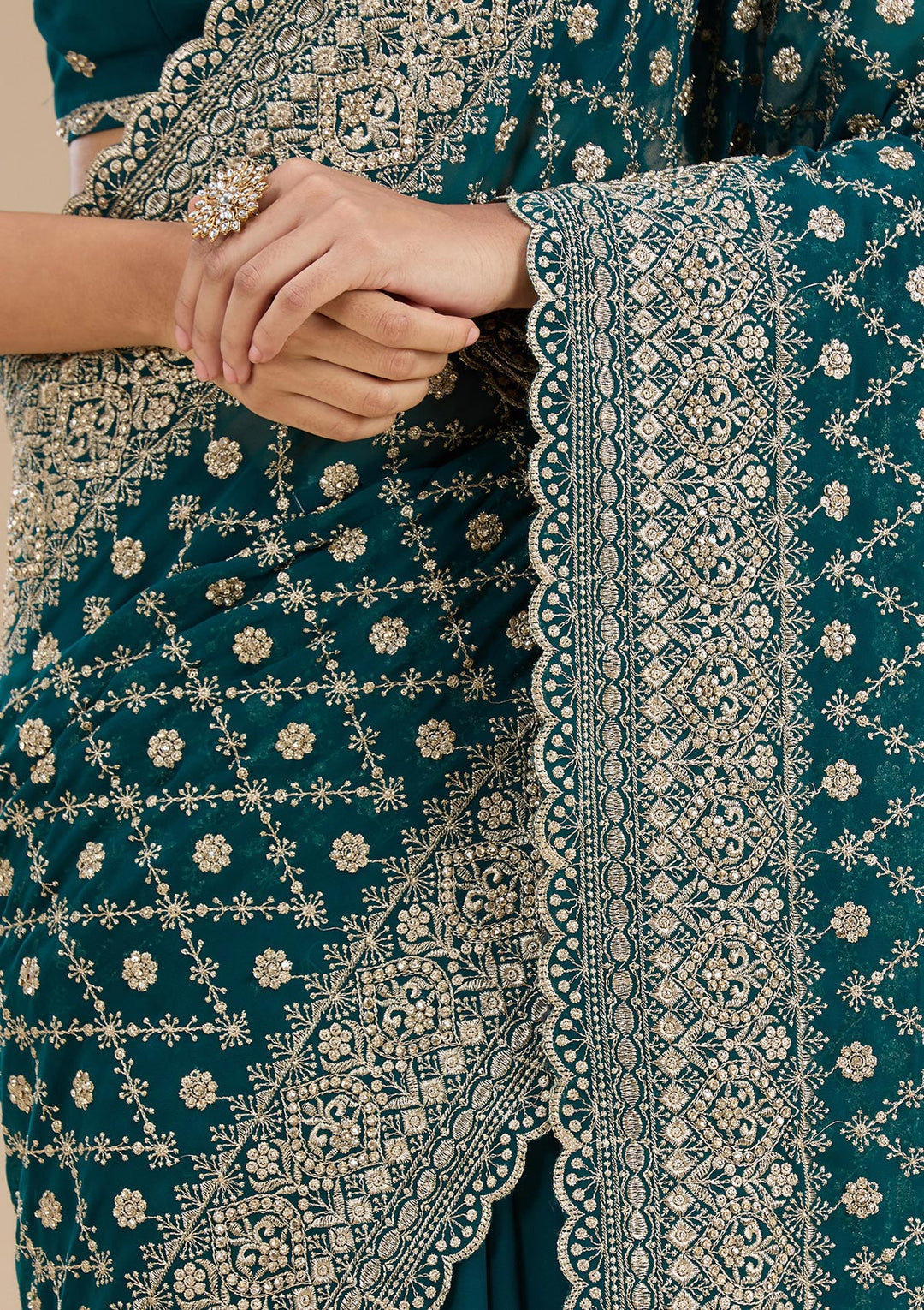 Rama Green Zariwork (Gold) Georgette Saree