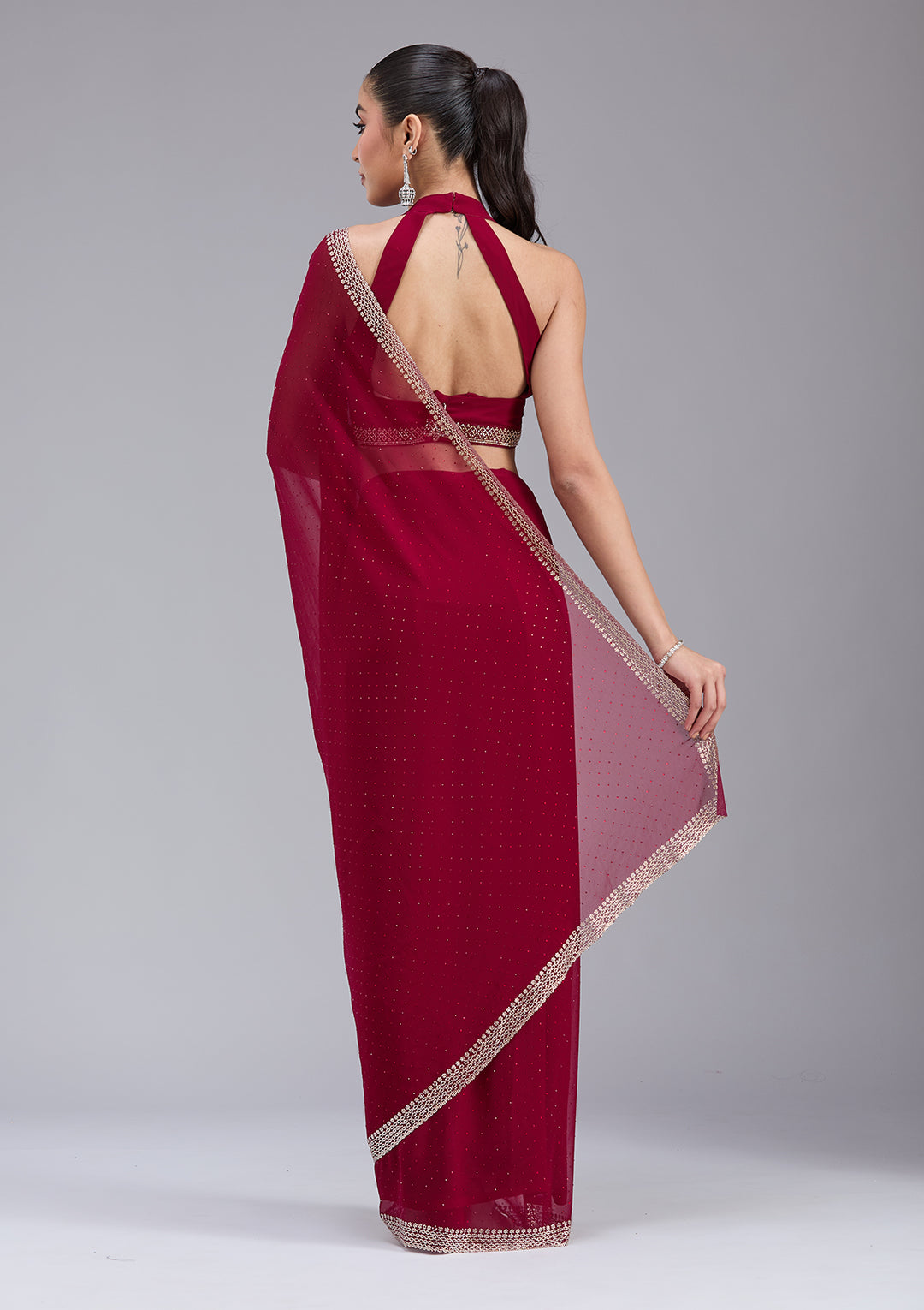 Maroon Stonework (Gold) Georgette Saree