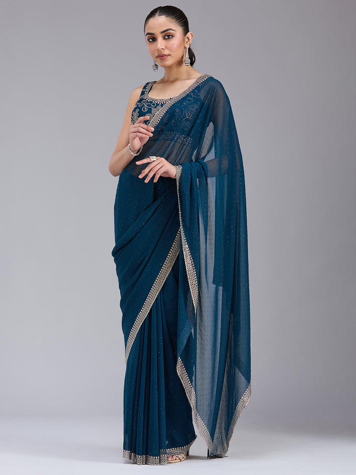 Peacock Blue Stonework (Gold) Georgette Saree